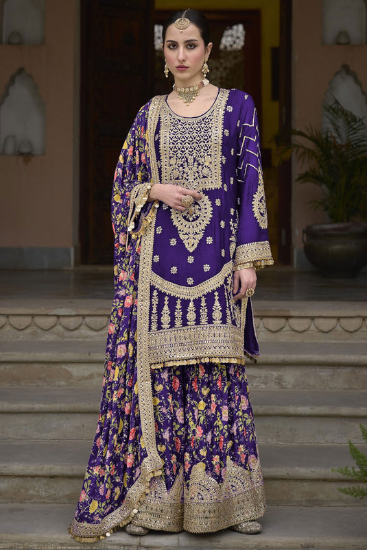 Attractive Chinon Fabric Purple Color Readymade Palazzo Suit