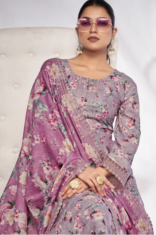 Lavender Color Glittering Cotton Fabric Digital Printed Salwar Suit