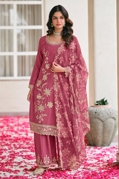 Elegant Pink Chinon Festive Wear Palazzo Suit For Women