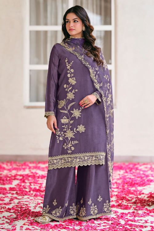 Designer Embroidered Purple Chinon Palazzo Dress