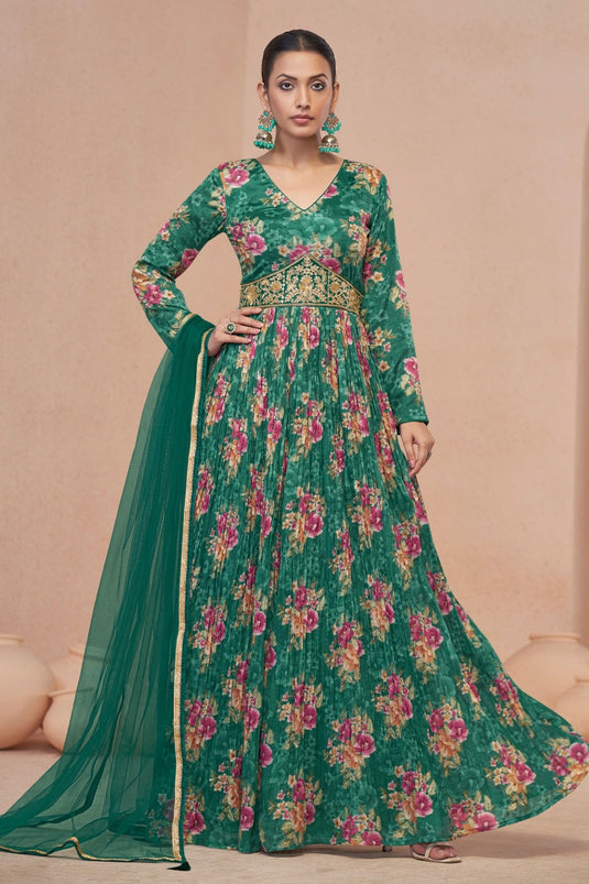 Embellished Floral Printed Work On Green Color Georgette Anarkali Suit
