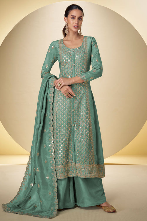 Sea Green Art Silk Embroidered Readymade Palazzo Suit