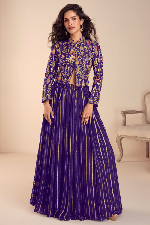 Women Art Silk Purple Embroidered Work Readymade Top And Skirt