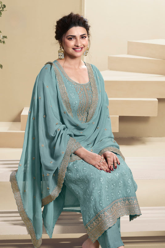 Prachi Desai Alluring Organza Fabric Sea Green Color Salwar Suit