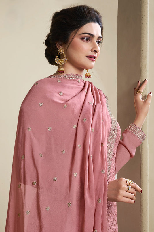 Prachi Desai Excellent Organza Fabric Peach Color Salwar Suit