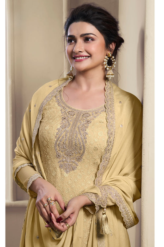 Prachi Desai Yellow Color Organza Fabric Elegant Salwar Suit