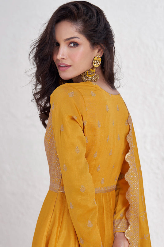 Silk Fabric Yellow Color Embroidery Work Designer Readymade Anarkali Gown With Dupatta