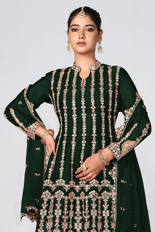 Function look Chinon Fabric Readymade Embroidered Palazzo Suit in Dark Green Color