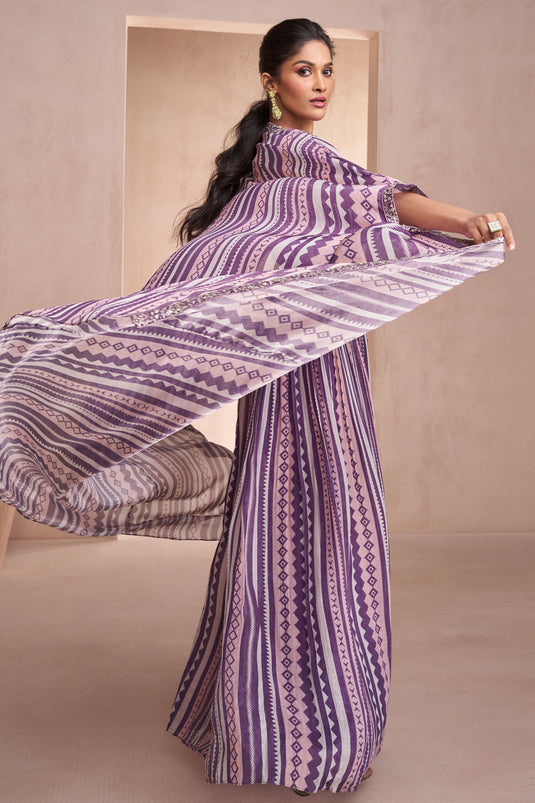 Sushrii Mishraa Georgette Fabric Purple Color Beatific Readymade Palazzo Suit With Jacket
