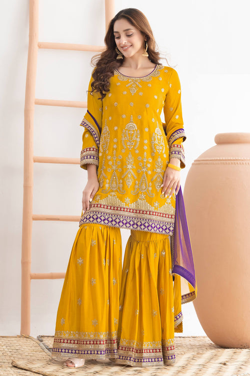 Chinon Yellow Embroidered Readymade Sharara Dress