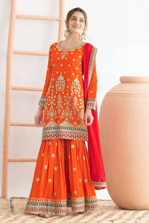 Orange Chinon Embroidered Readymade Sharara Salwar Kameez
