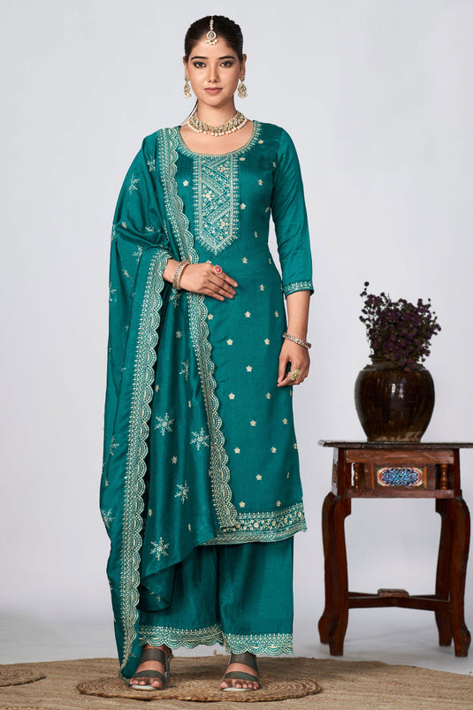 Engaging Teal Color Fancy Fabric Festive Wear Palazzo Suit