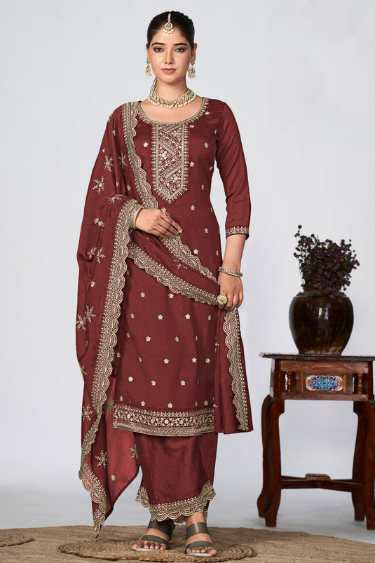 Classic Brown Color Festive Wear Palazzo Suit In Fancy Fabric