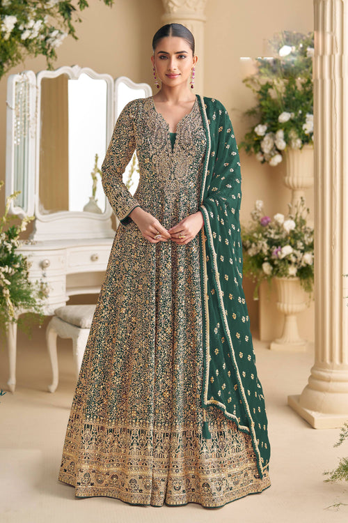 Embroidered Georgette Dark Green Readymade Anarkali Style Gown With Dupatta For Festive Wear