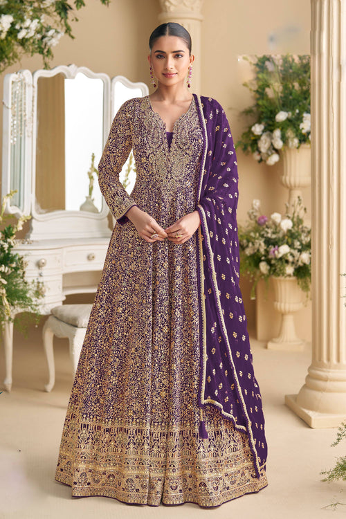 Georgette Embroidered Purple Festive Wear Readymade Anarkali Style Gown With Dupatta