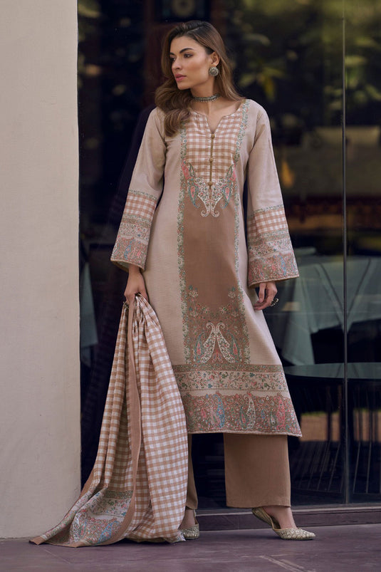 Beige Color Cotton Fabric Festive Look Tempting Salwar Suit