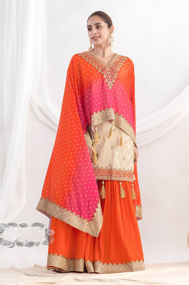 Orange Party Wear Viscose Jacquard Sharara Palazzo Suit With Kaftan Style Dupatta
