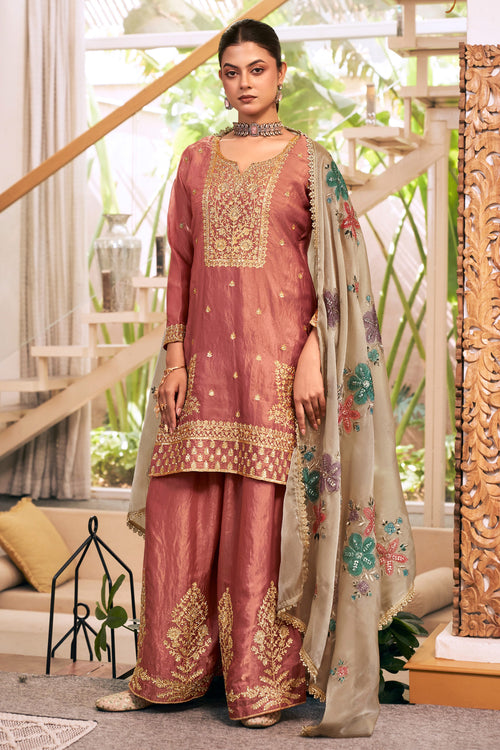 Pink Festive Wear Designer Palazzo Suit With Floral Dupatta