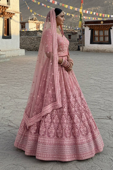 Embroidered Net Pink Wedding Wear Lehenga Choli With Dupatta