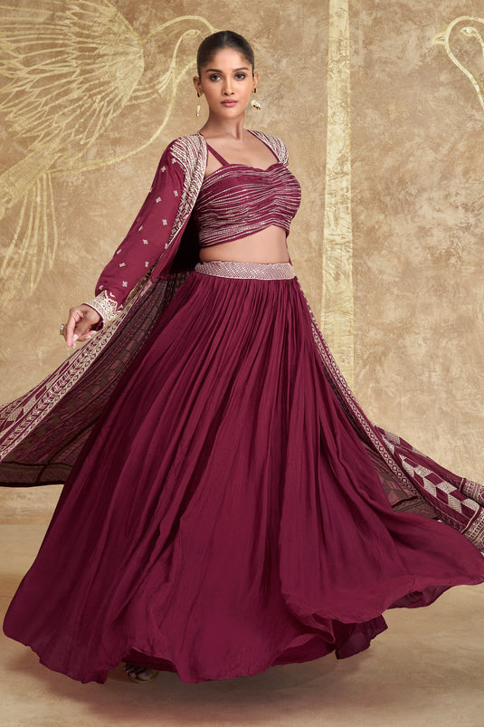 Satin Silk Maroon Jacket Style lehenga