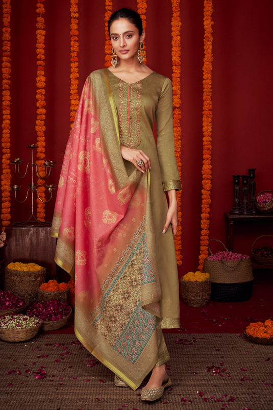 Viscose Fabric Embroidered Function Wear Designer Long Straight Cut Salwar Suit In Beige Color