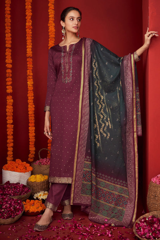 Function Wear Wine Color Embroidered Designer Long Straight Cut Salwar Suit In Viscose Fabric