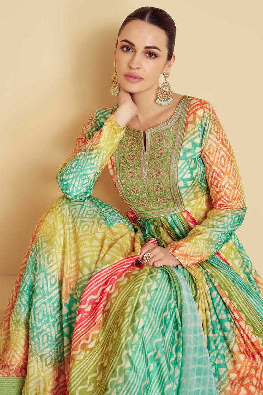 Muslin Fabric Glamorous Multi Color Gown With Dupatta