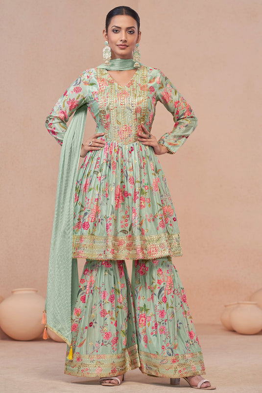 Tempting Chinon Fabric Sea Green Color Palazzo Suit With Digital Printed Work