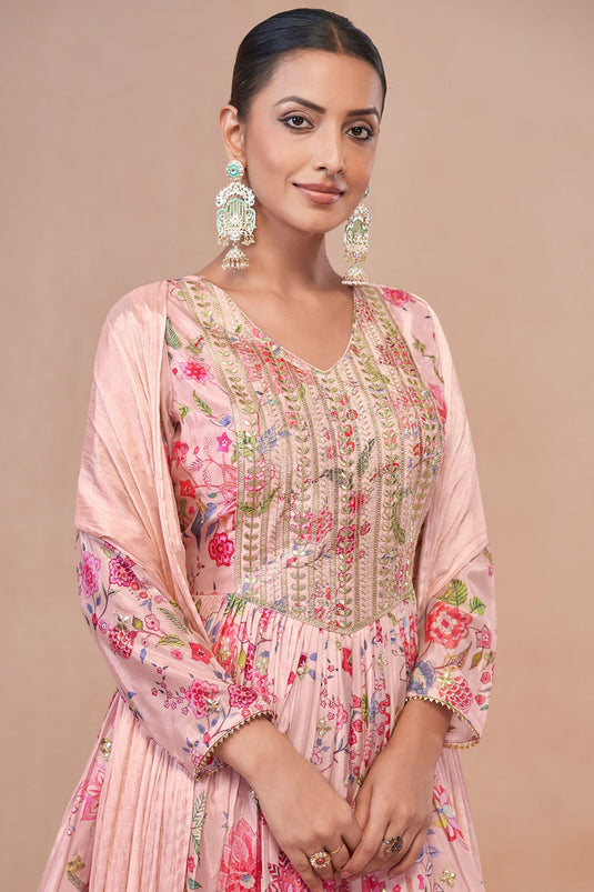 Chinon Fabric Pink Color Delicate Palazzo Suit With Digital Printed Work