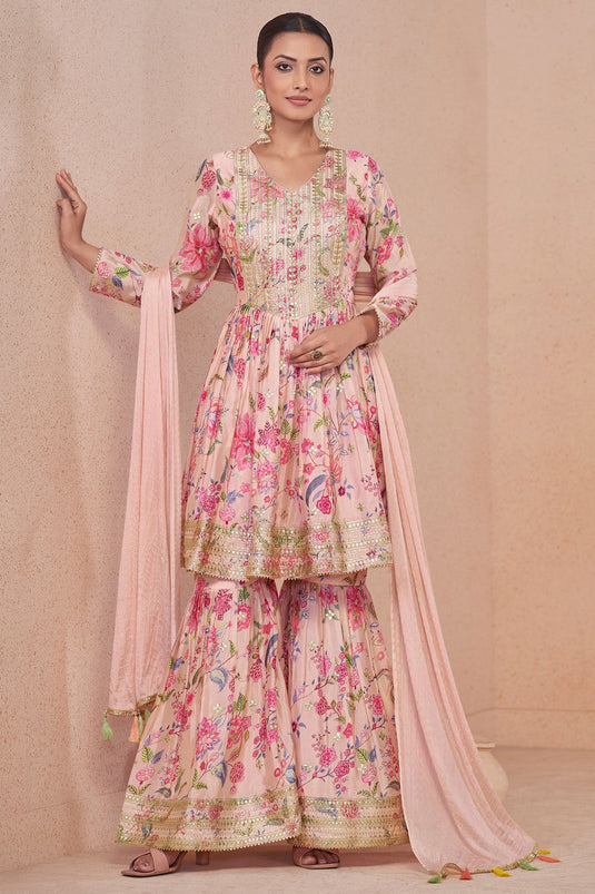 Chinon Fabric Pink Color Delicate Palazzo Suit With Digital Printed Work