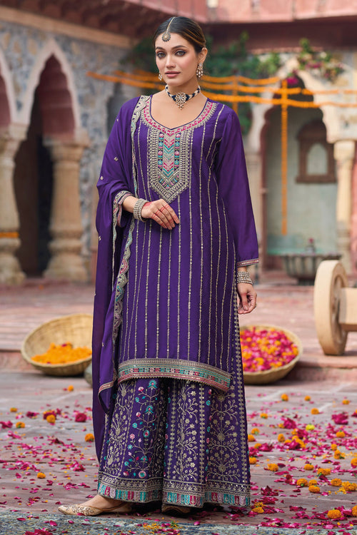 Embroidered Chinon 3 Piece Punjabi Style Palazzo Salwar Suit