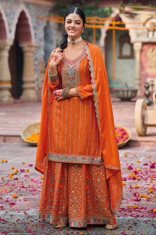 Attractive Orange Chinon Embroidered Punjabi Style Palazzo Suit