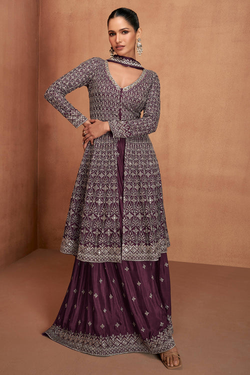 Wine Readymade Palazzo Set With Dupatta