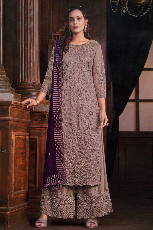 Lavender Color Net Fabric Tempting Embroidered Palazzo Suit