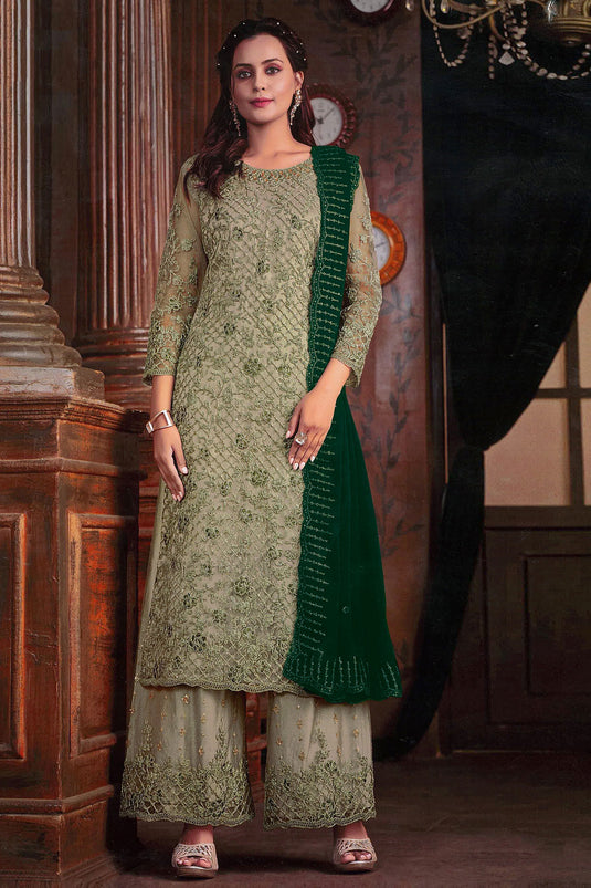 Charming Sea Green Color Net Fabric Embroidered Palazzo Suit