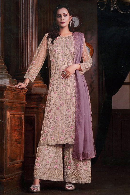 Net Fabric Pink Color Supreme Embroidered Palazzo Suit