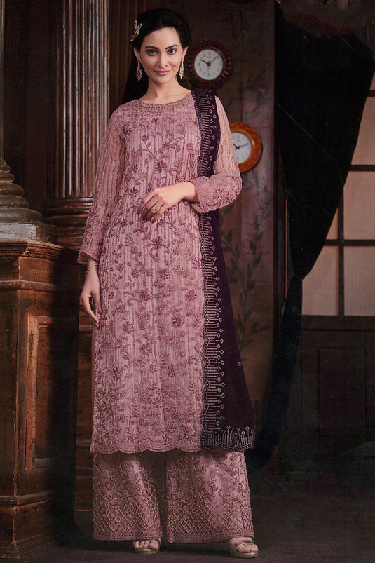 Pink Color Net Fabric Elegant Embroidered Palazzo Suit
