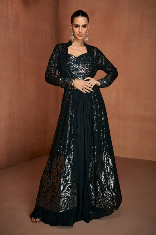 Black Sangeet Wear Georgette Readymade Palazzo Set With Designer Blouse And Jacket