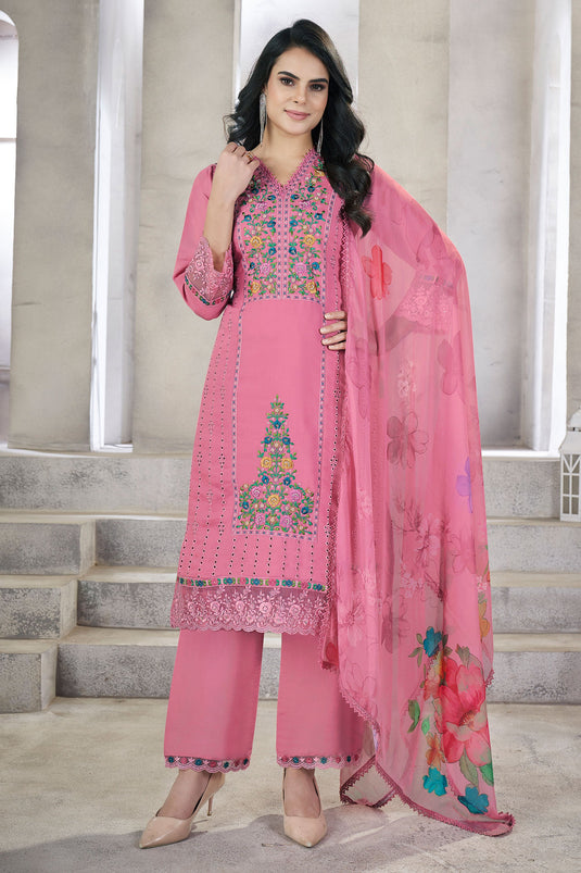 Festive Wear Viscose Fabric Pink Color Classic Salwar Suit