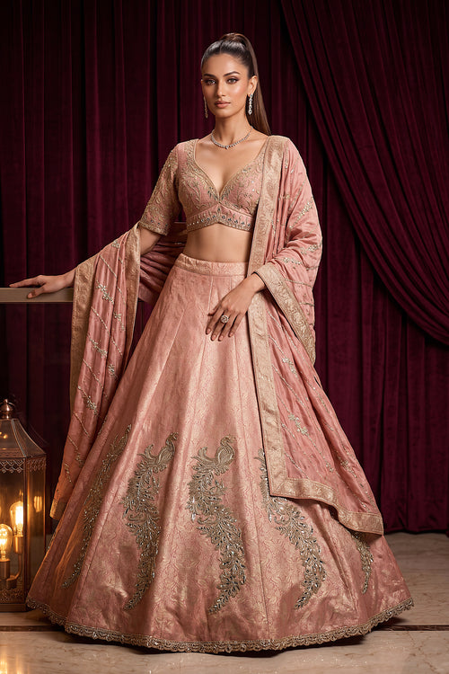 Embroidered Peach Viscose Wedding Wear Lehenga Set