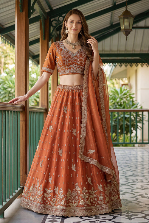 Rust Tissue Organza Lehenga Choli With Fancy Embroidered Work