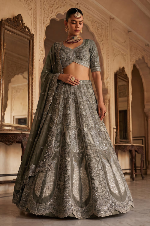 Olive Beads Work Tissue Wedding Wear Lehenga Set