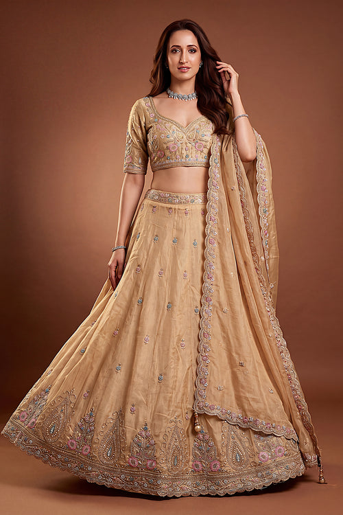 Wedding Function Cream Designer Lehenga With Beads Work Blouse