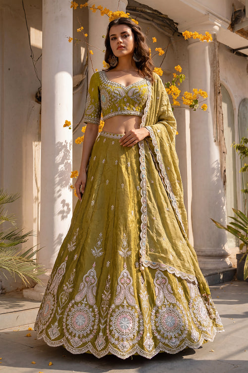 Fancy Beads Work Yellow Viscose Lehenga Choli