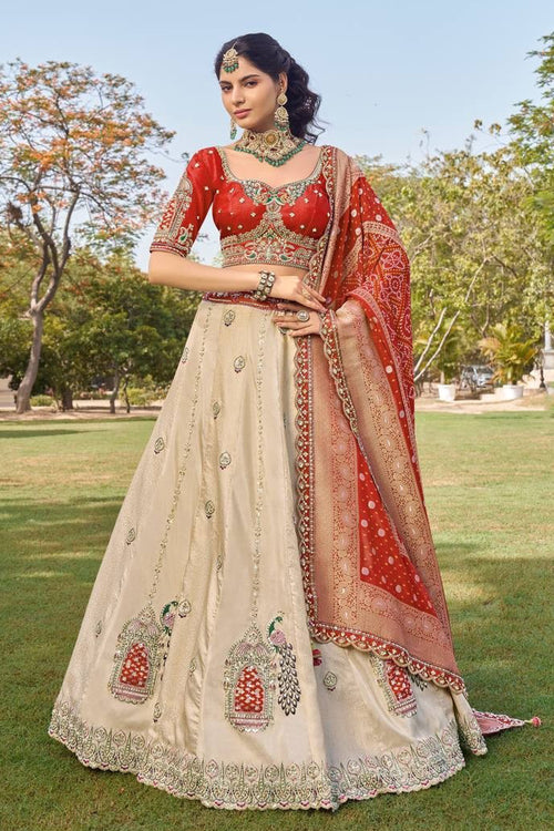 Beige Tissue Sangeet Function Heavy Embroidered Lehenga Choli