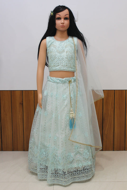 Light Cyan Color Net Fabric Function Wear Embroidered Kids Readymade Lehenga Choli