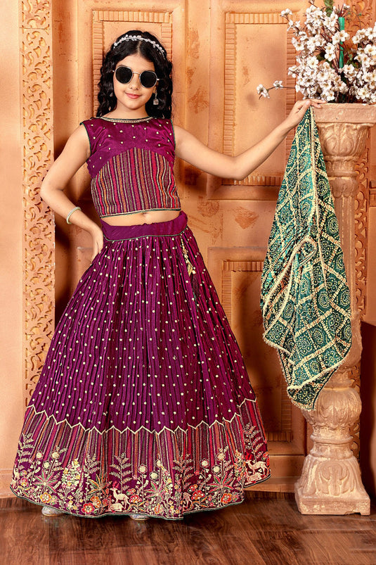 Chinon Fabric Purple Color Reception Wear Embroidered Kids Readymade Lehenga Choli