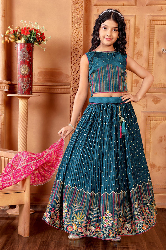 Gorgeous Teal Color Chinon Fabric Embroidered Festive Wear Kids Readymade Lehenga Choli