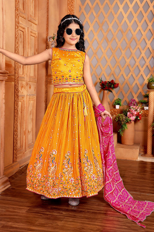 Mustard Color Chinon Fabric Function Wear Embroidered Kids Readymade Lehenga Choli