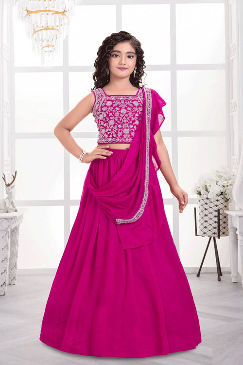 Embroidered Art Silk Rani Festive Wear Readymade Lehenga Choli For Kids